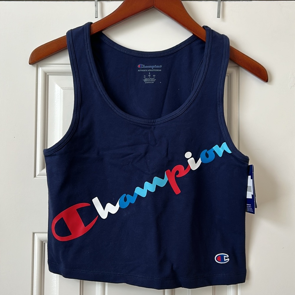 NWT Champion Women’s Navy Blue Crop Tank Top Size L Script Logo